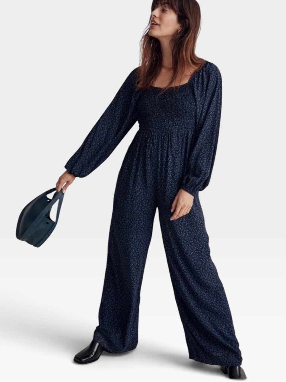 Madewell Blue Floral Jumpsuit Long Sleeve Tie Back Boho Size 12